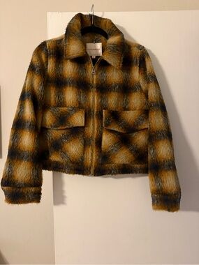 Lucky Brand Fuzzy Plaid Jacket in Mustard and Black